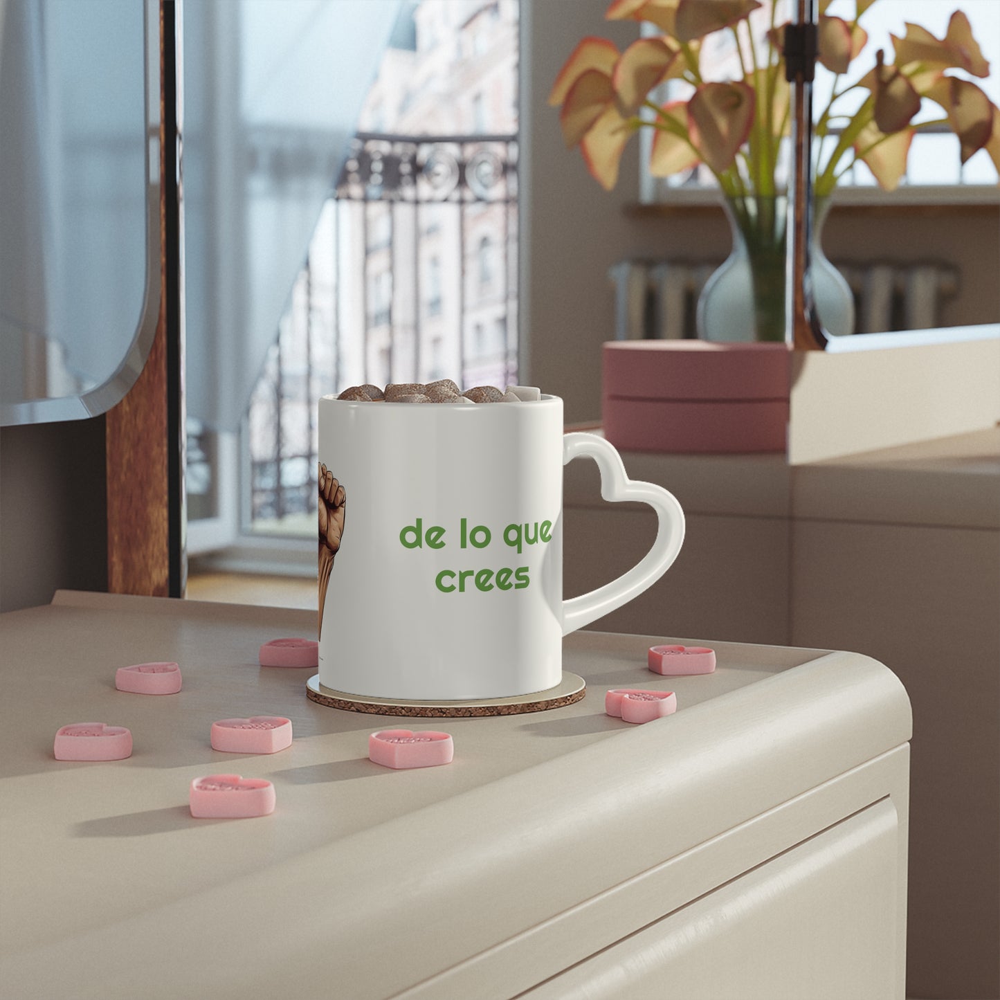 Taza con asa en forma de corazón "Eres más fuerte de lo que crees"